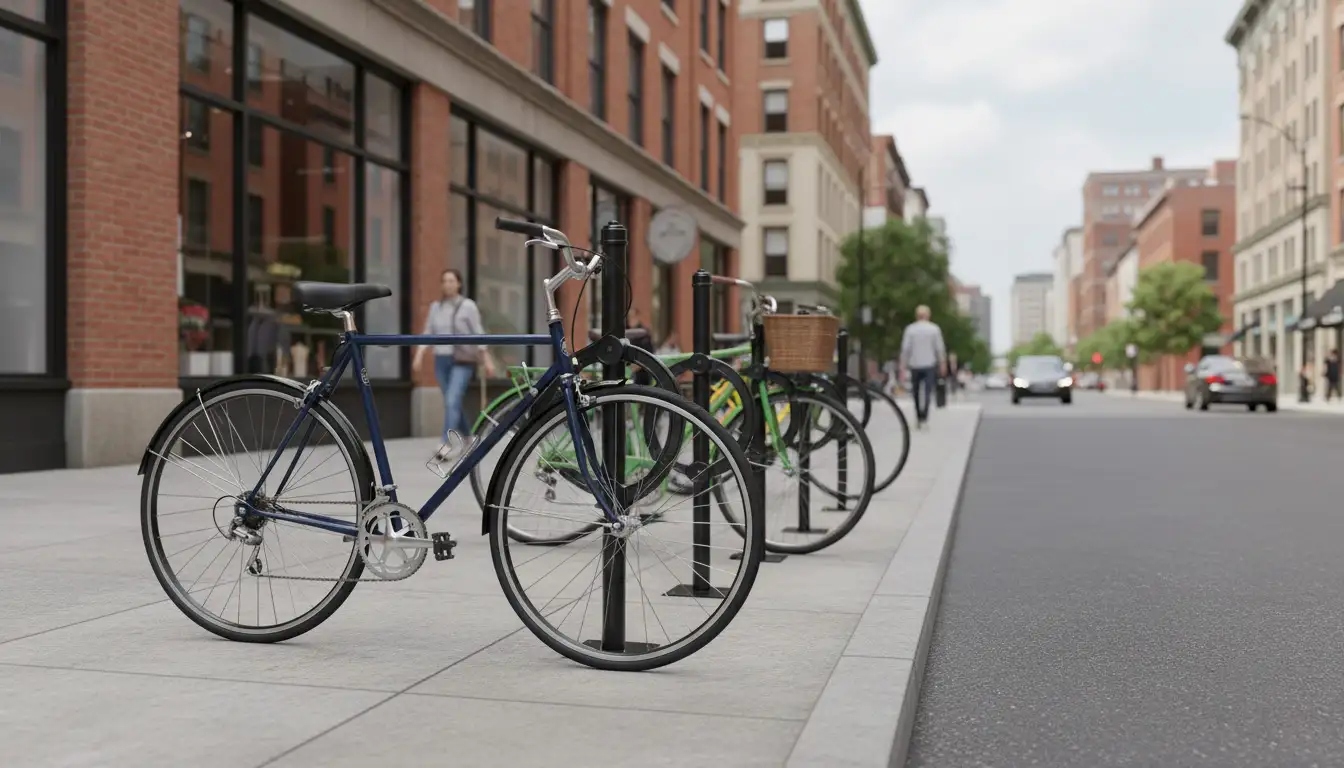 Commercial Metro bike racks for secure bicycle parking along a downtown streetscape